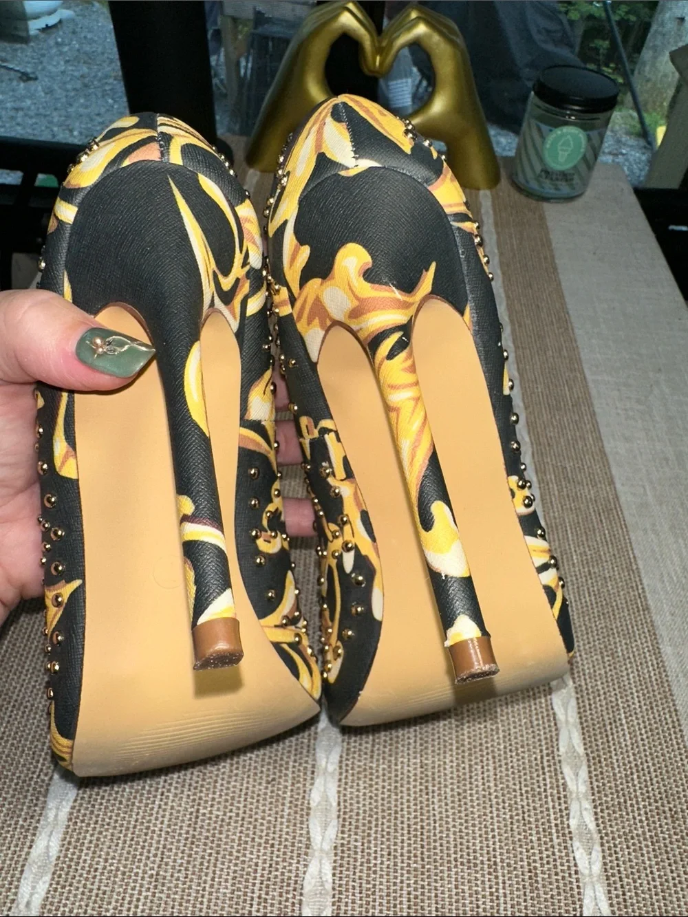Liliana Black & Yellow Floral Studded Pointed Toe Pumps